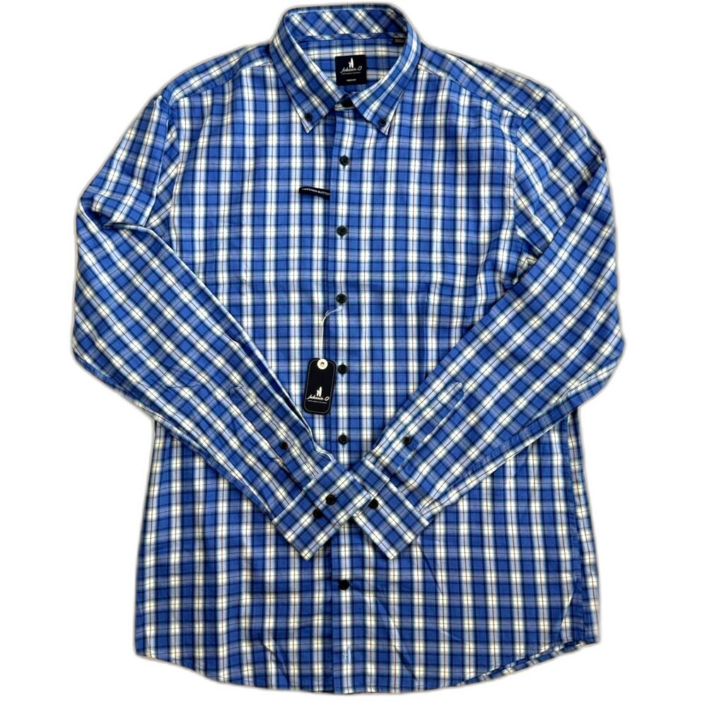 Johnnie-O Men's McKnight Long Sleeve Woven Shirt Blue White Plaid Medium NWT